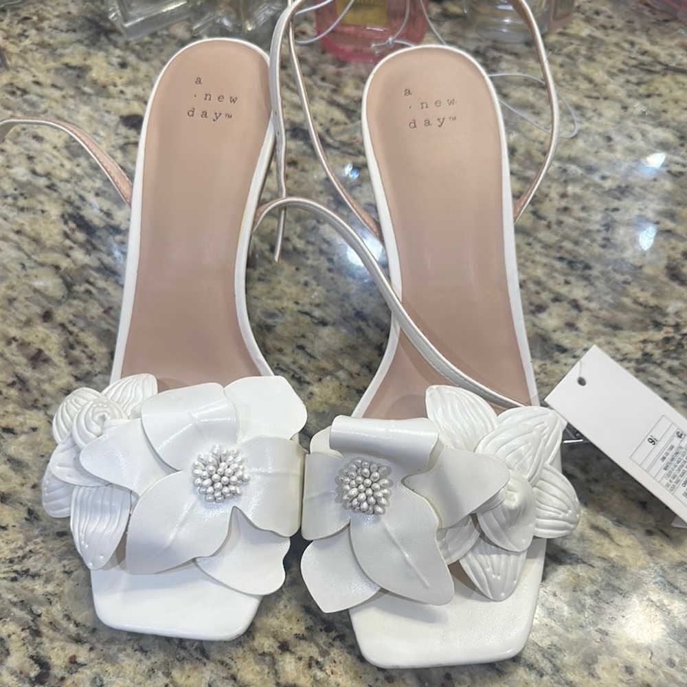 A New Day White Heeled Sandals with Decorative Bow